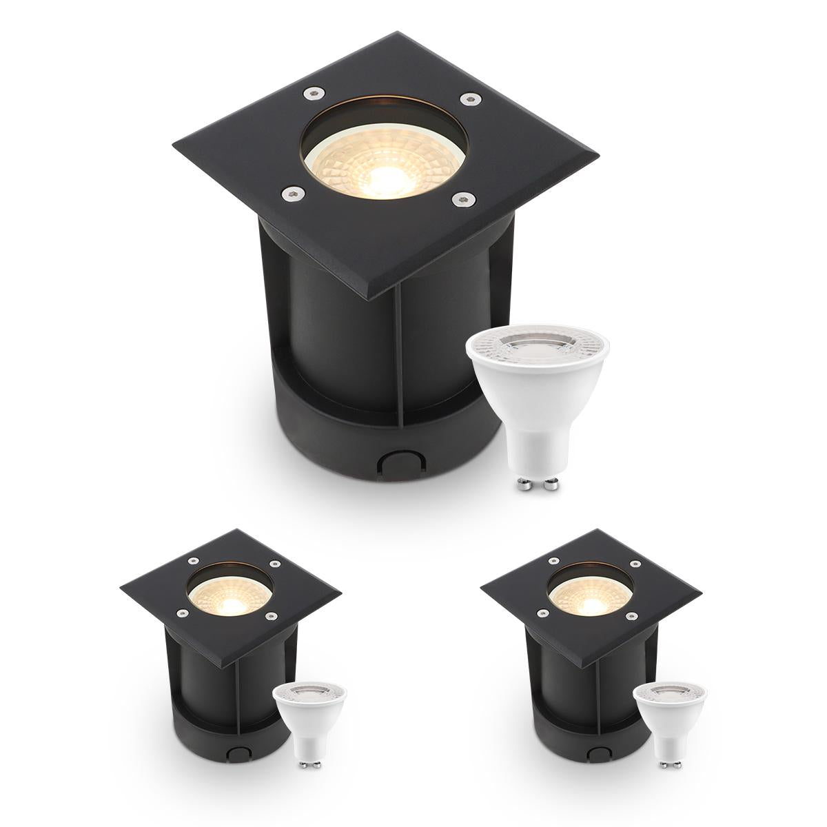 LED Bodeneinbaustrahler Schwarz eckig 230V IP67 - Leuchtmittel: GU10 4W 2700K - Anzahl: 3x