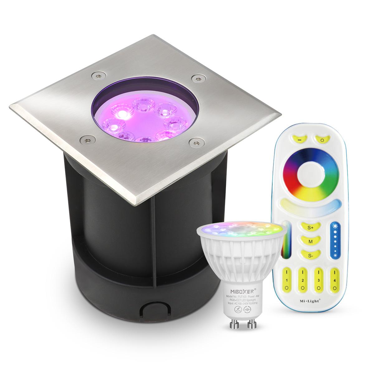 LED Bodeneinbaustrahler eckig Edelstahl 230V IP67 - Leuchtmittel: GU10 RGB+CCT DIMMBAR inkl. Fernbedienung - Anzahl: 1x