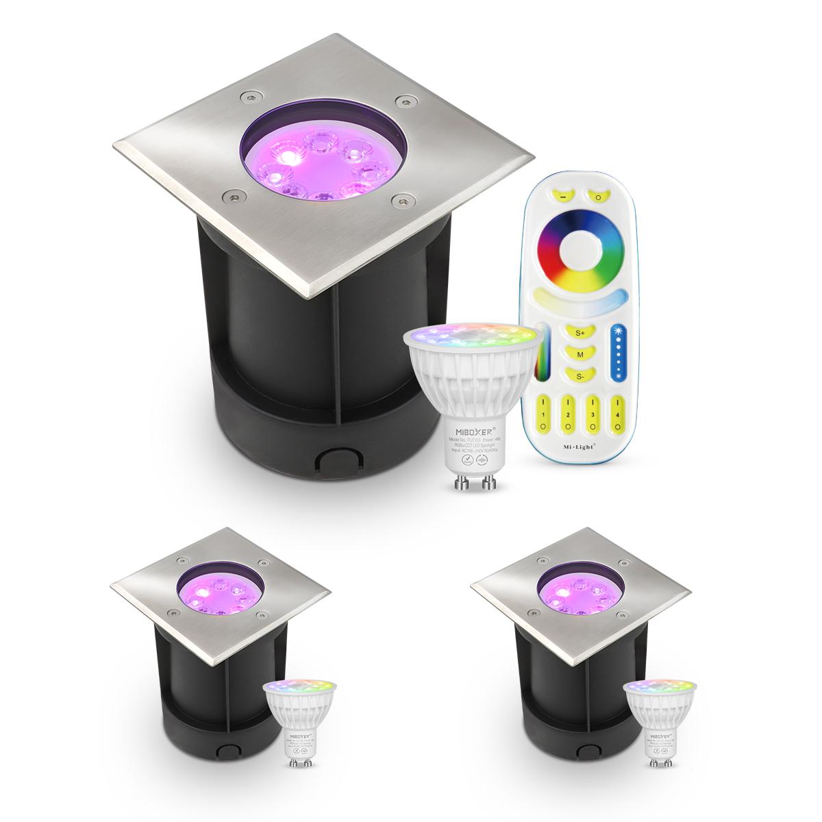 LED Bodeneinbaustrahler eckig Edelstahl 230V IP67 - Leuchtmittel: GU10 RGB+CCT DIMMBAR inkl. Fernbedienung - Anzahl: 3x