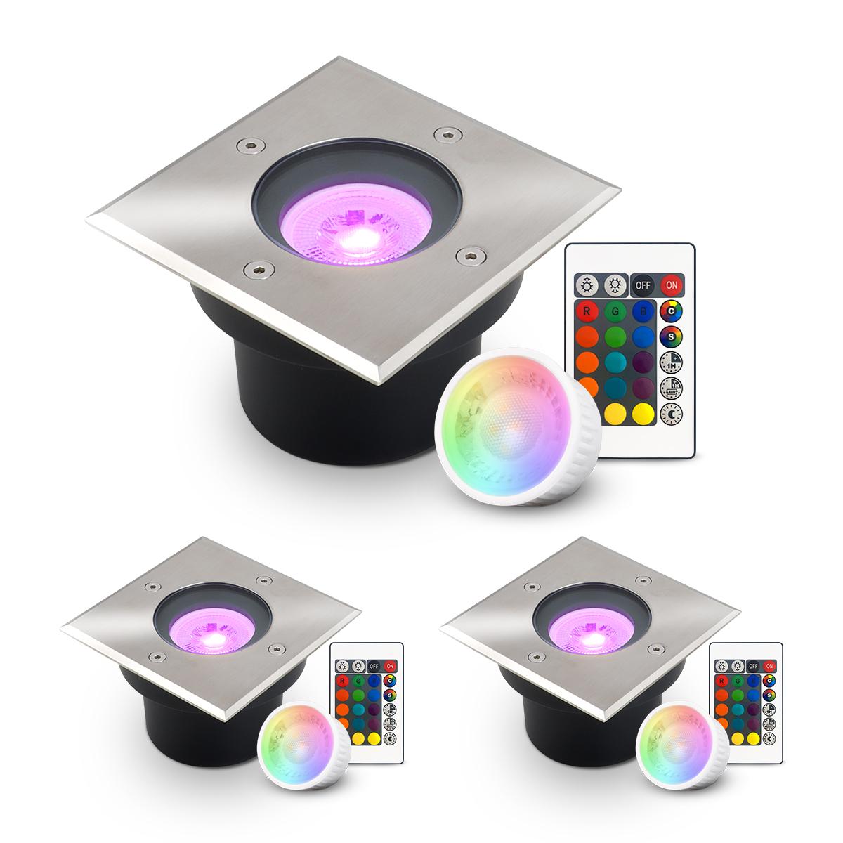 LED Bodeneinbaustrahler flach eckig Edelstahl 230V IP67 - Leuchtmittel: 5W RGB+CCT DIMMBAR 60° - Anzahl: 3x