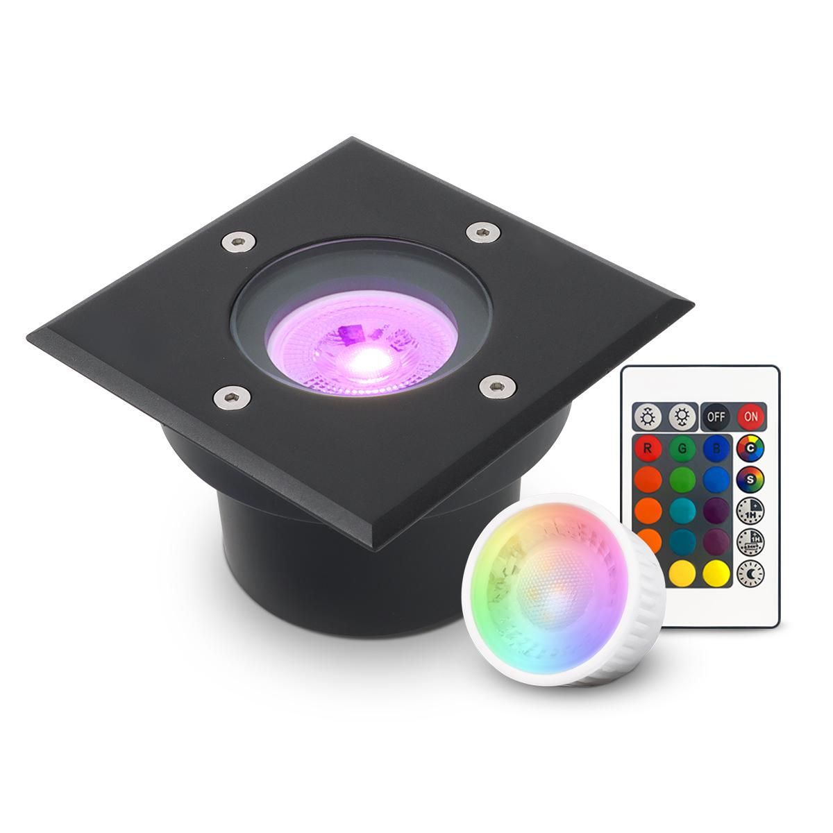 LED Bodeneinbaustrahler Schwarz FLACH eckig 230V IP67 - Leuchtmittel: 5W RGB+CCT DIMMBAR 60° - Anzahl: 1x