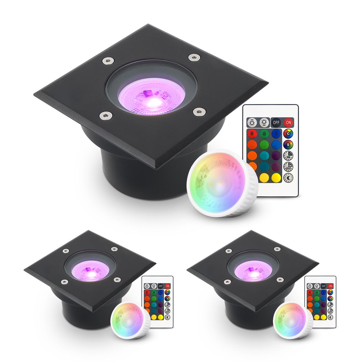 LED Bodeneinbaustrahler Schwarz FLACH eckig 230V IP67 - Leuchtmittel: 5W RGB+CCT DIMMBAR 60° - Anzahl: 3x