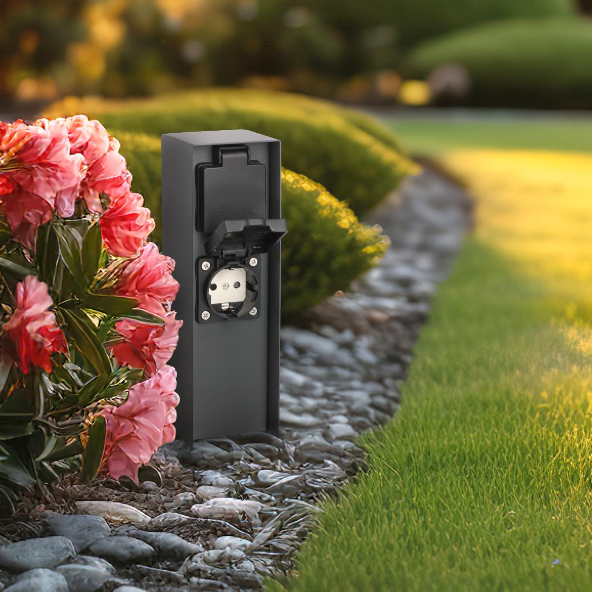 Gartensteckdosensäule für außen IP44 eckig 23cm - Steckdose: 2-fach - Farbe: anthrazit