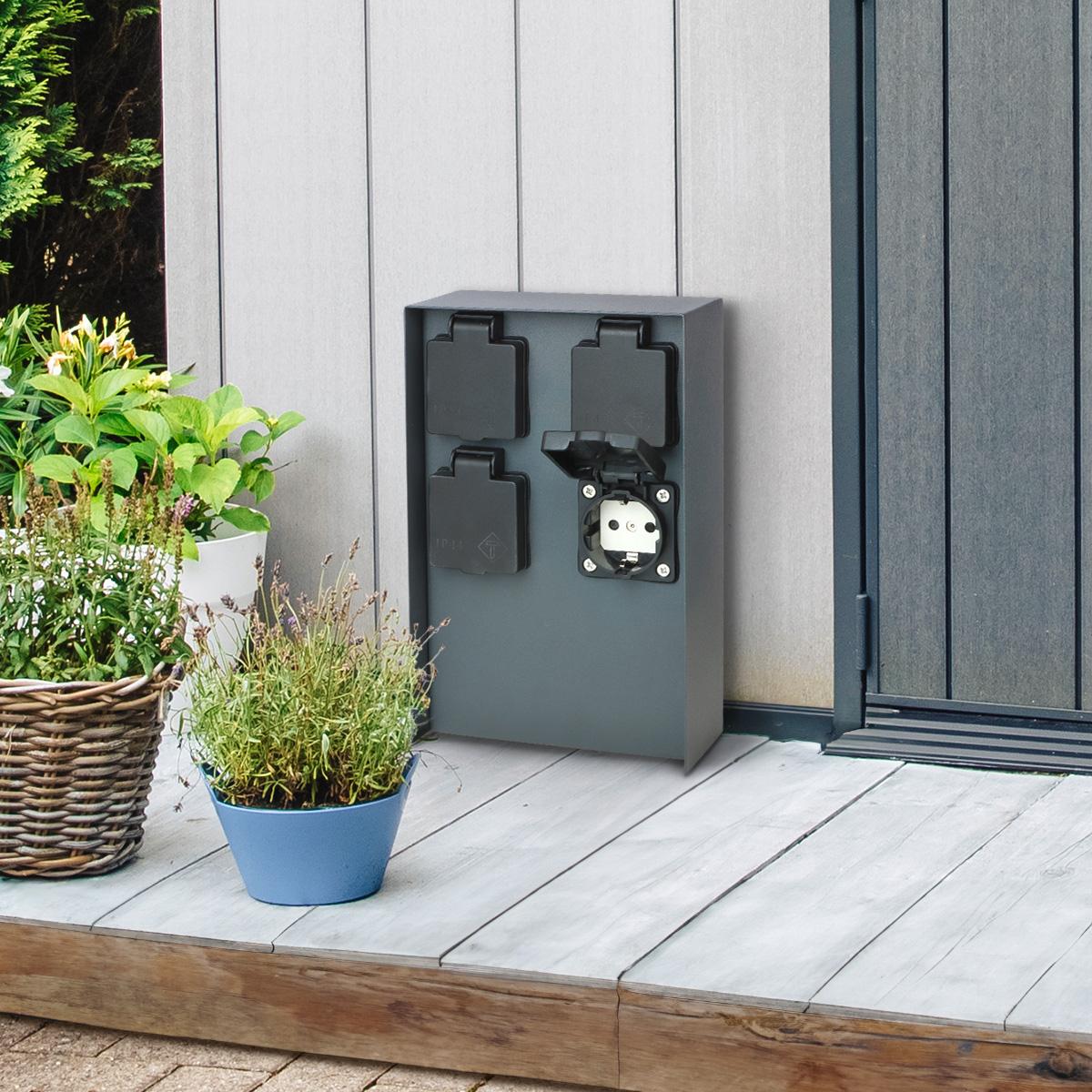 Gartensteckdosensäule für außen IP44 eckig 23cm - Steckdose: 4-fach - Farbe: anthrazit