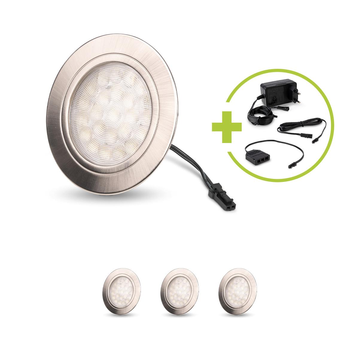 LED Mini Spot rund 2W 12V 150lm IP20 Ø65x11mm Ausschnitt Ø58mm - Lichtfarbe: Warmweiß 3000K - Anzahl: 4x