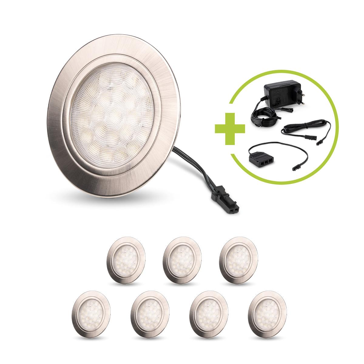 LED Mini Spot rund 2W 12V 150lm IP20 Ø65x11mm Ausschnitt Ø58mm - Lichtfarbe: Warmweiß 3000K - Anzahl: 8x