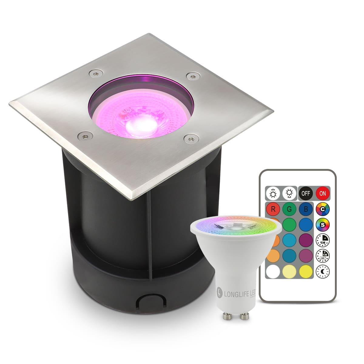 LED Bodeneinbaustrahler eckig Edelstahl 230V IP67 - Leuchtmittel: GU10 5W RGB+CCT inkl. IR Fernbedienung - Anzahl: 1x