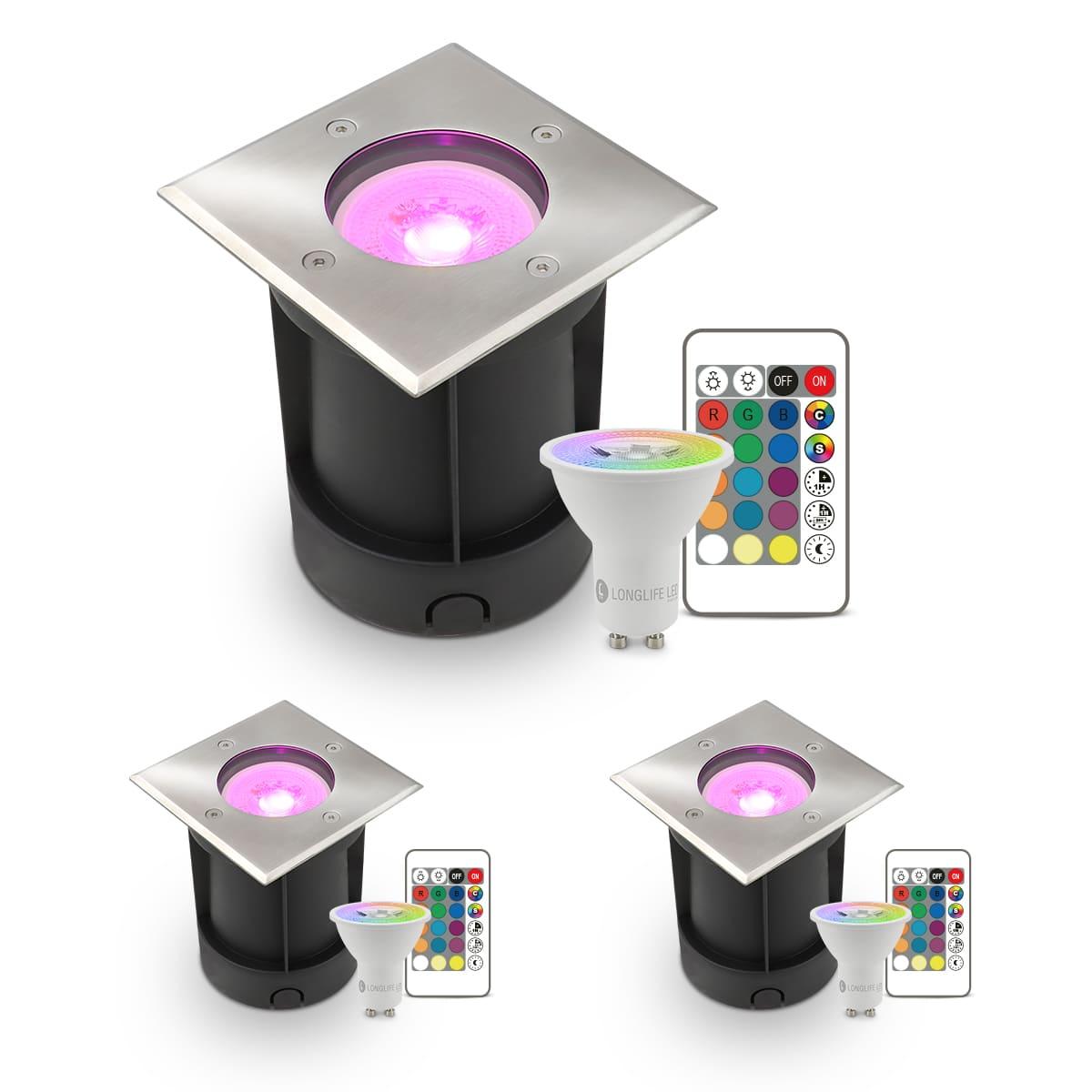 LED Bodeneinbaustrahler eckig Edelstahl 230V IP67 - Leuchtmittel: GU10 5W RGB+CCT inkl. IR Fernbedienung - Anzahl: 3x