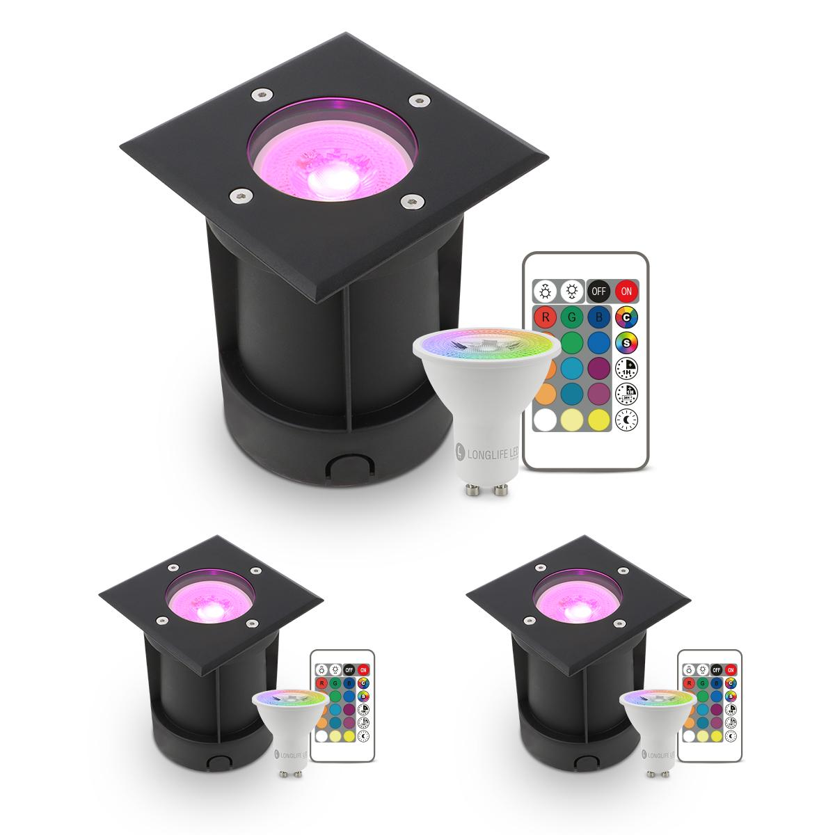 LED Bodeneinbaustrahler Schwarz eckig 230V IP67 - Leuchtmittel: GU10 5W RGB+CCT inkl. IR Fernbedienung - Anzahl: 3x