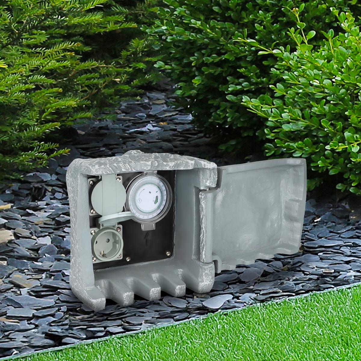 Gartensteckdose in Steinoptik IP44 - Ausführung: 2 Steckdosen mit Zeitschaltuhr/Timer