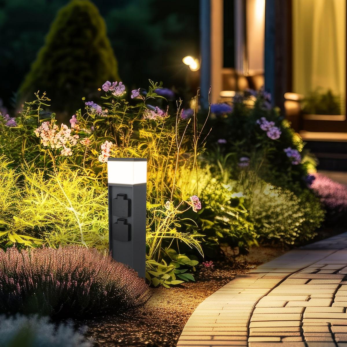 Pollerleuchte mit 2-fach Steckdose für außen, E27 - Farbe: Anthrazit - Leuchtmittel: Ohne