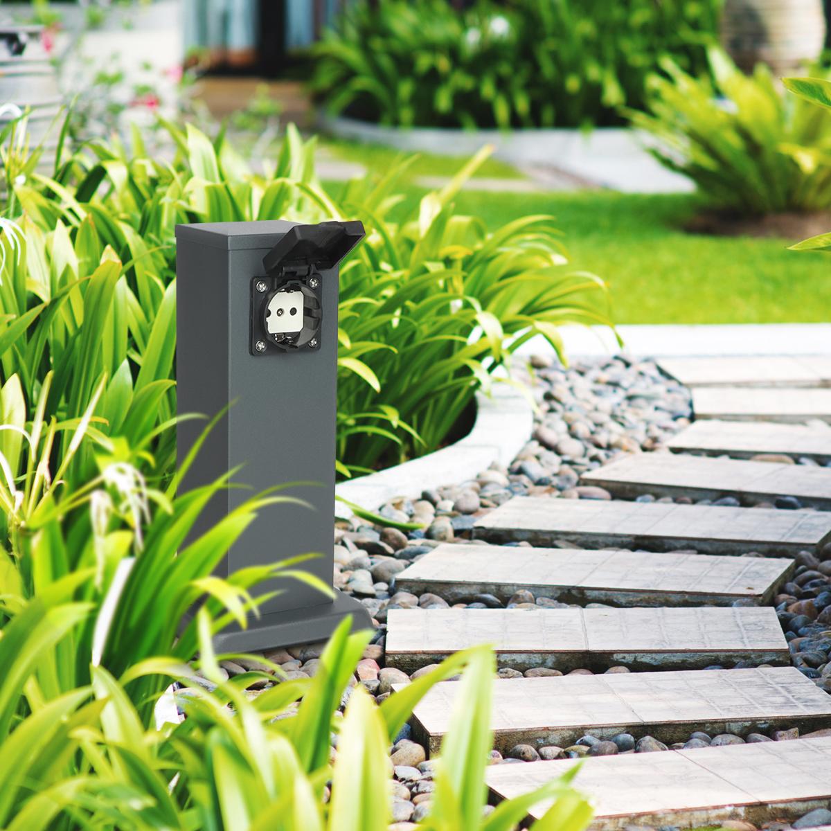 Gartensteckdose 30cm mit 2x Außensteckdosen IP44 - Farbe: anthrazit