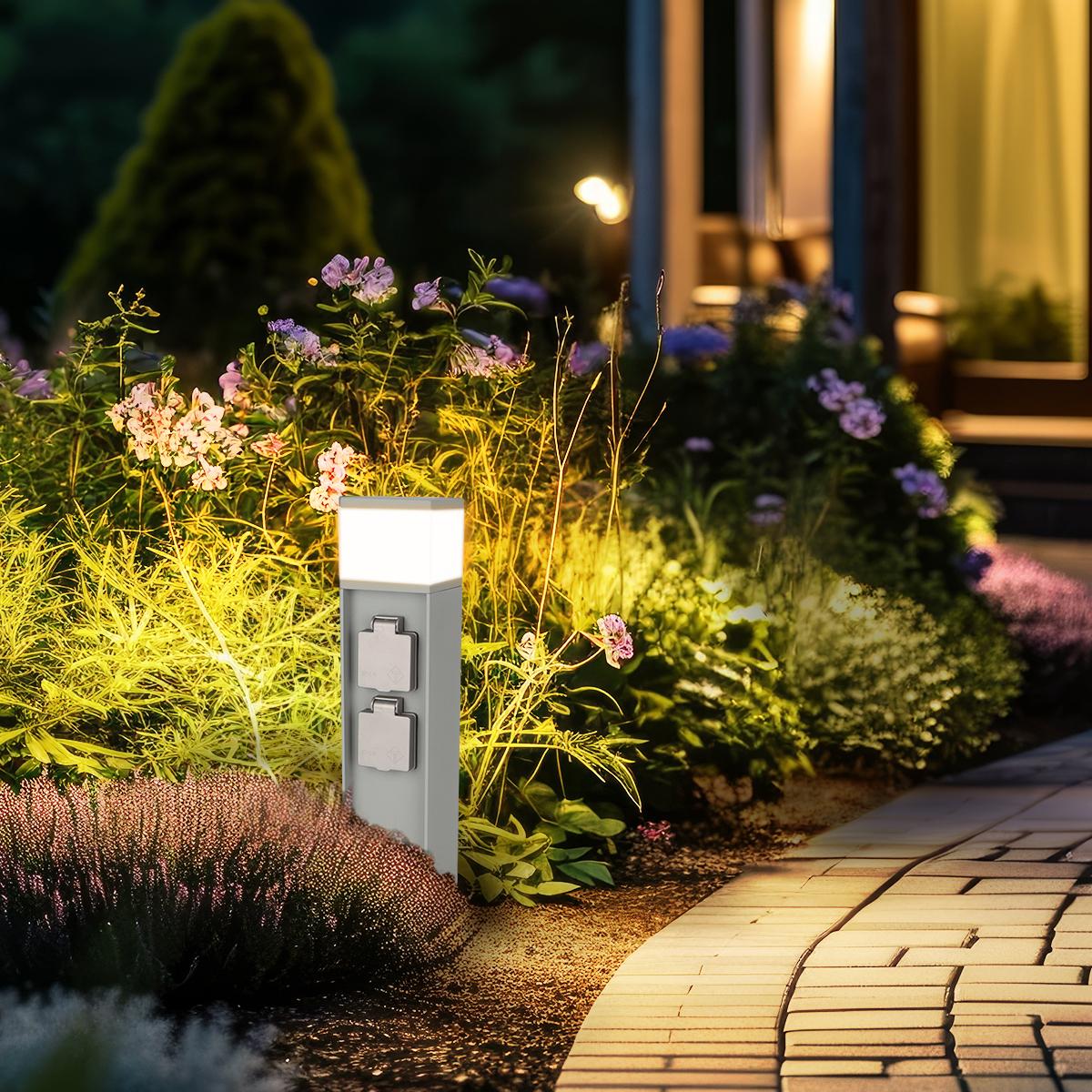 Pollerleuchte mit 2-fach Steckdose für außen, E27 - Farbe: Edelstahl - Leuchtmittel: Ohne