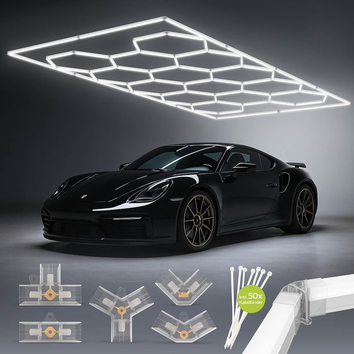 LED Hexagon Deckenleuchte 14-Teilig mit Rahmen 654W 6500K | Sechseckiges Waben Design | Modulares Stecksystem | Ideal für Garage, Halle, Studio o.ä.