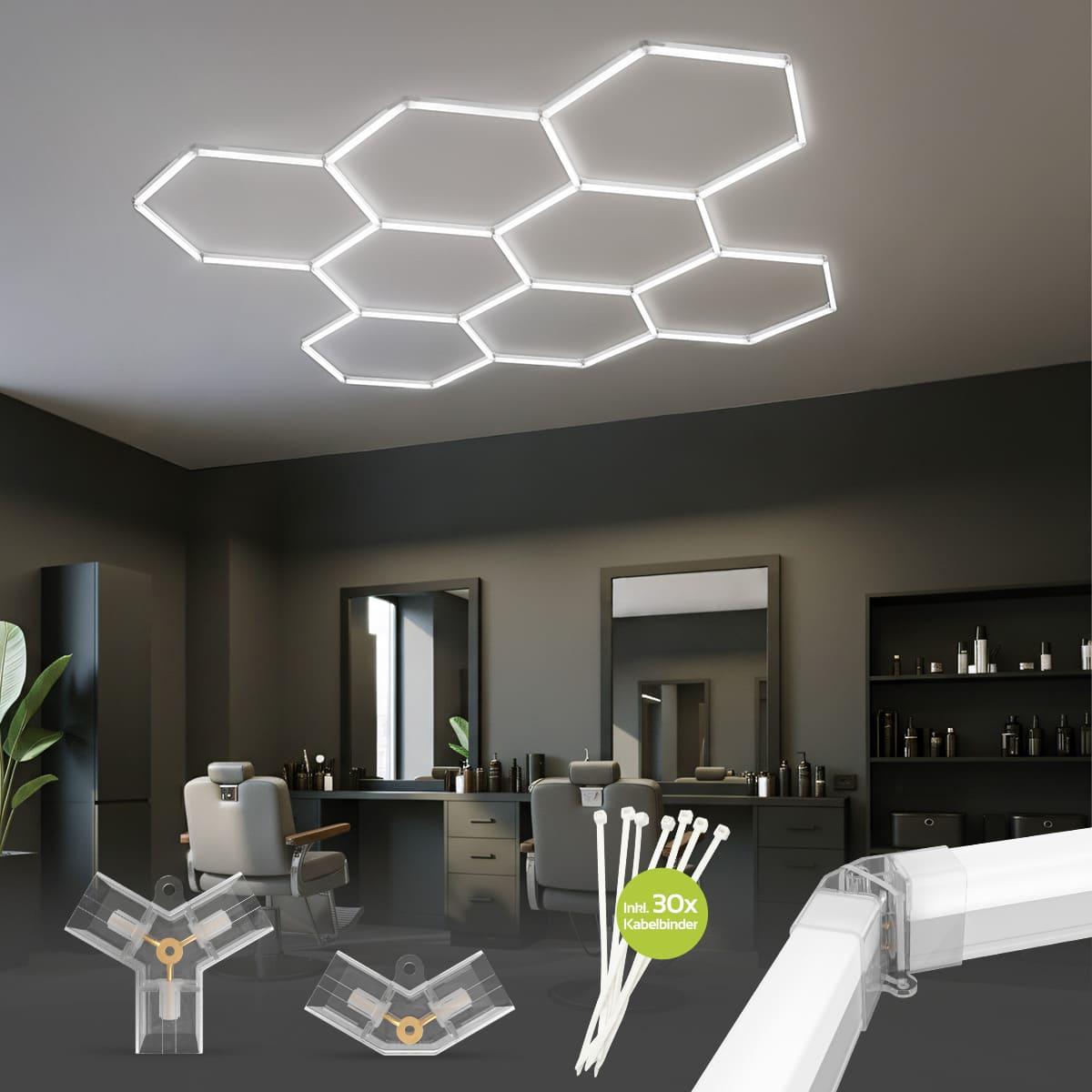 LED Hexagon Deckenleuchte 8-Teilig 265W 6500K | Sechseckiges Waben Design | Modulares Stecksystem | Ideal für Garage, Halle, Studio o.ä.