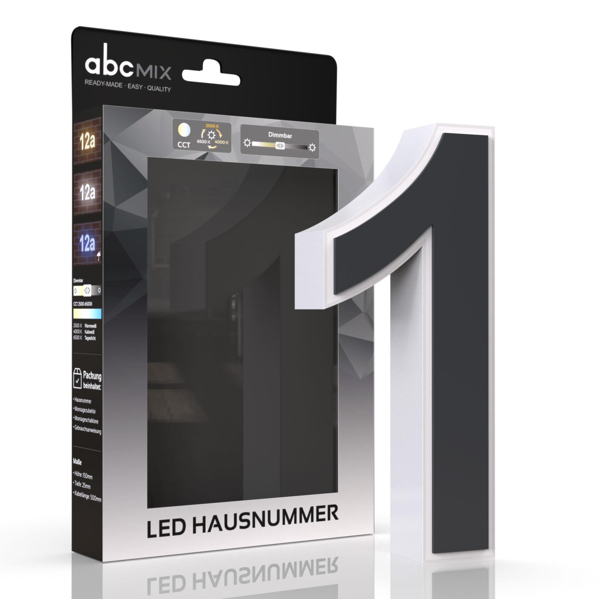 LED Hausnummer 1 inkl. Anthrazit-Cover - CCT 12V 2700K/4000K/6500K