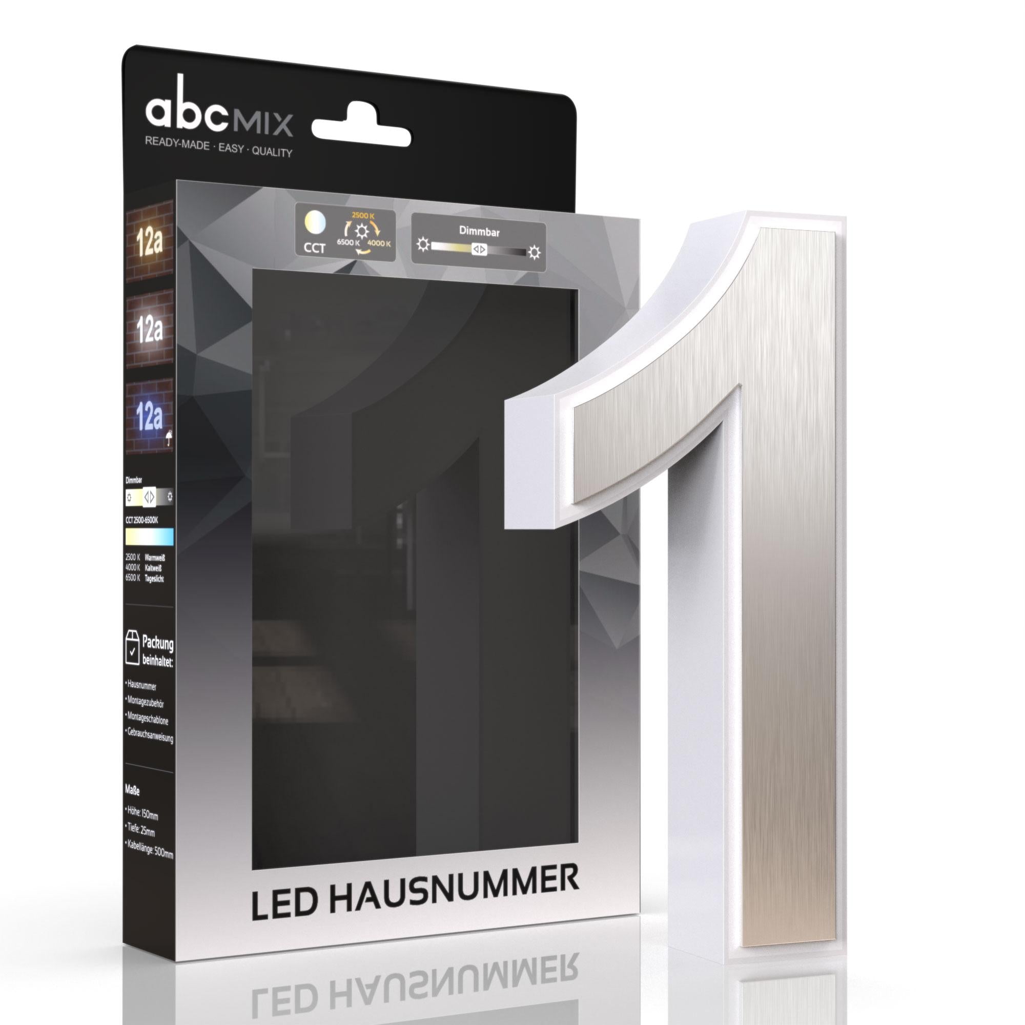 LED Hausnummer 1 inkl. Edelstahl-Cover - CCT 12V 2700K/4000K/6500K