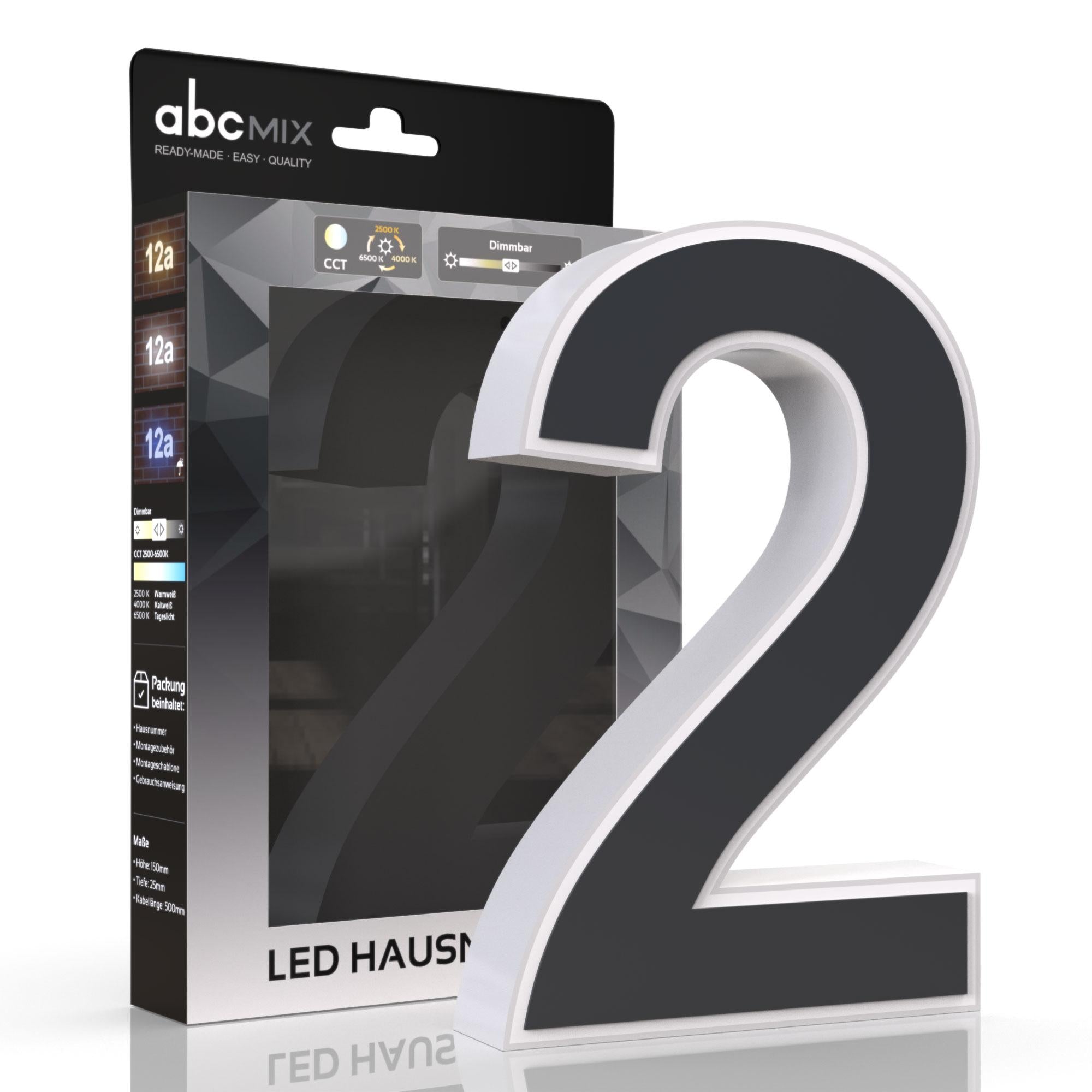 LED Hausnummer 2 inkl. Anthrazit-Cover - CCT 12V 2700K/4000K/6500K