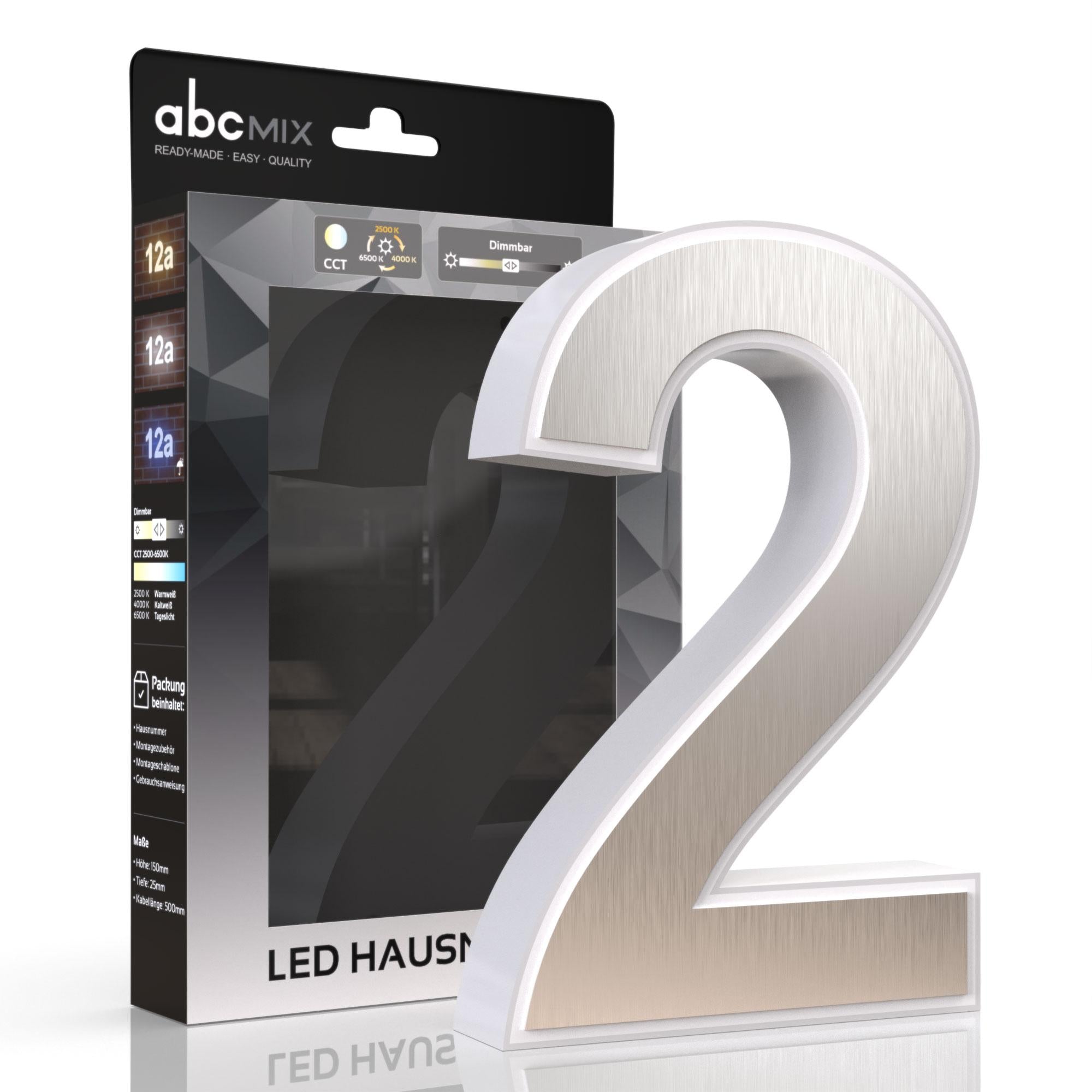 LED Hausnummer 2 inkl. Edelstahl-Cover - CCT 12V 2700K/4000K/6500K