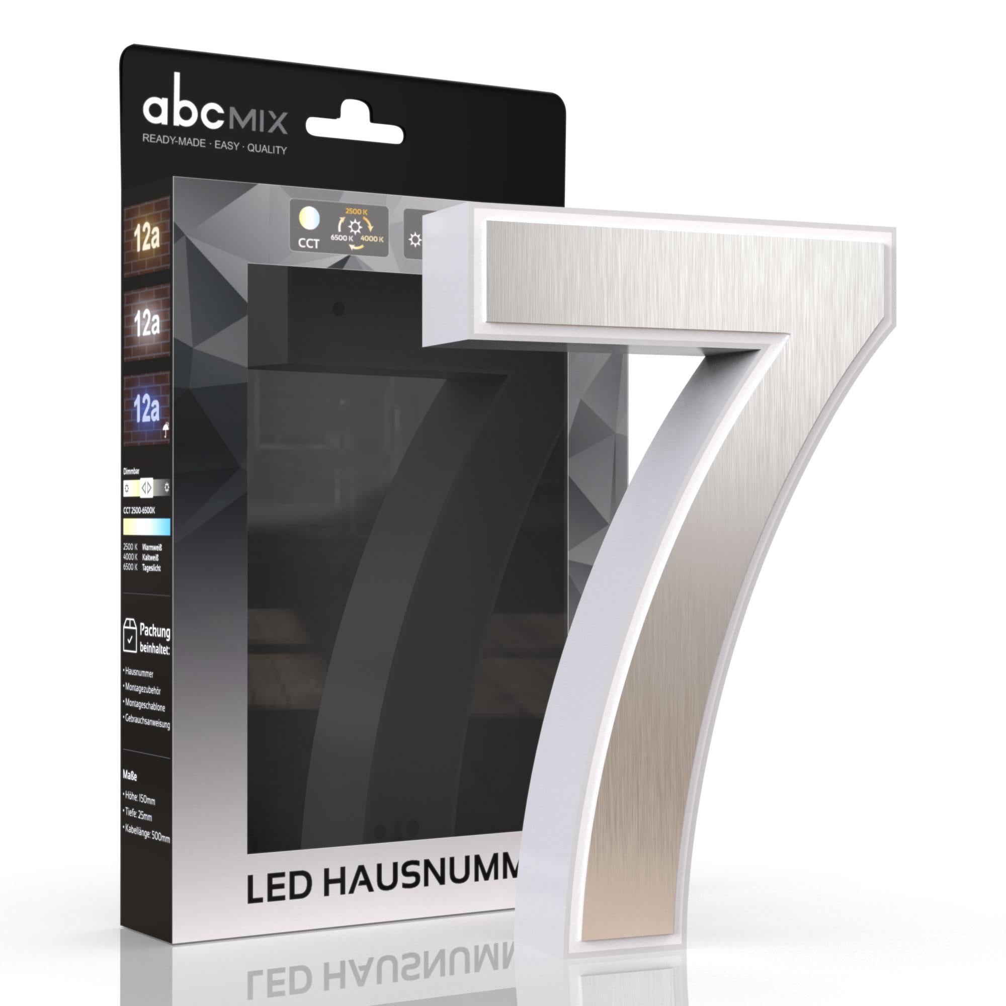 LED Hausnummer 7 inkl. Edelstahl-Cover - CCT 12V 2700K/4000K/6500K