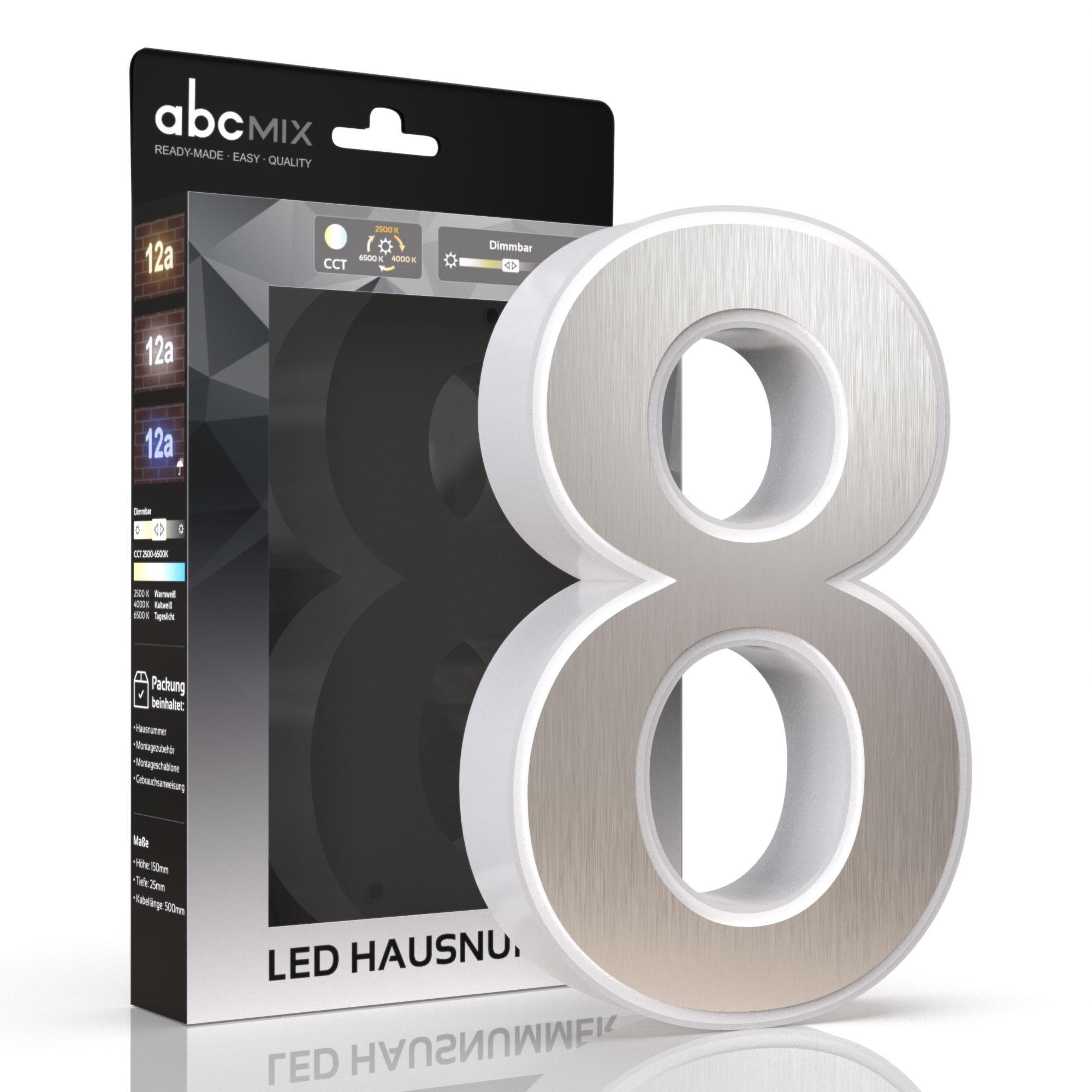 LED Hausnummer 8 inkl. Edelstahl-Cover - CCT 12V 2700K/4000K/6500K