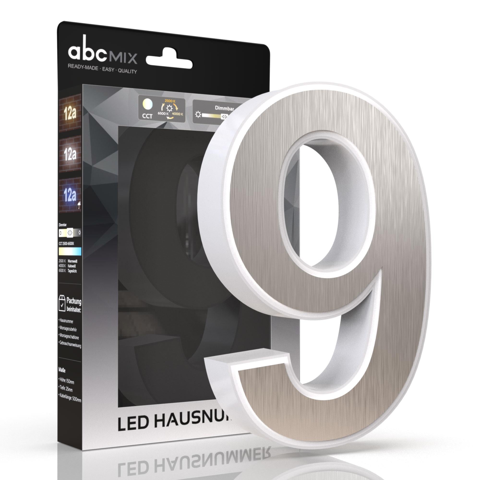 LED Hausnummer 9 inkl. Edelstahl-Cover - CCT 12V 2700K/4000K/6500K