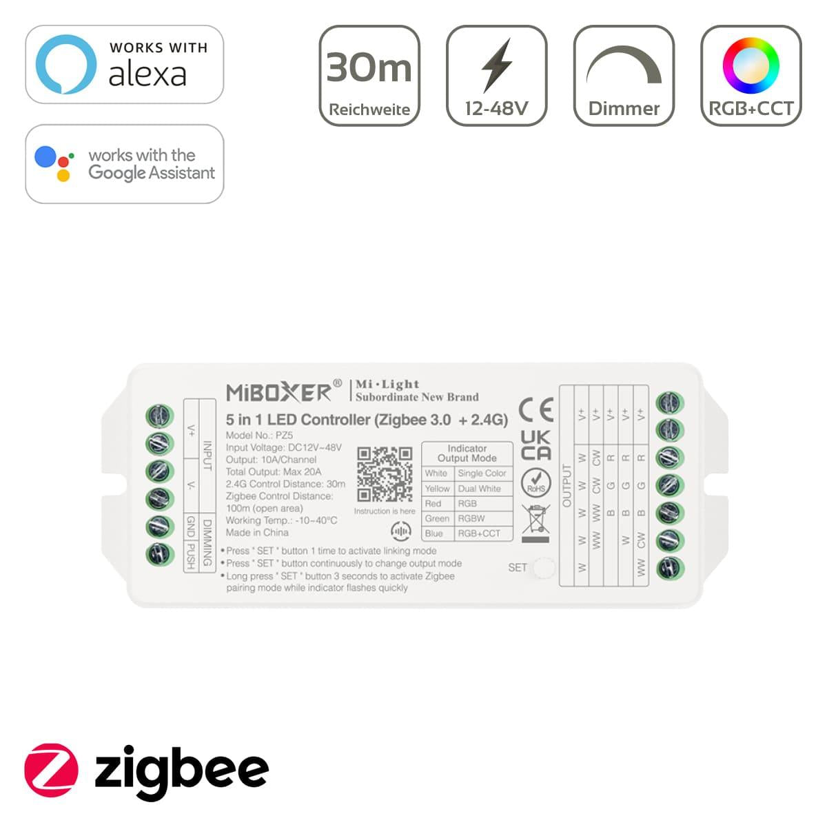 MiBoxer 5in1 LED Controller für RGB.RGBW und RGB+CCT Zigbee 3.0 + 2.4GHz Funk PZ5