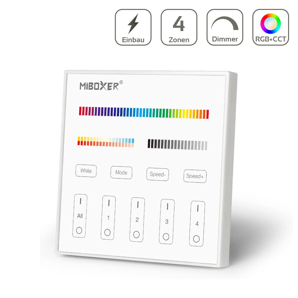 MiBoxer RGB+CCT Wandschalter 4 Zonen Einbau Dimmen Schalten Farbsteuerung 230V Anschluss T4