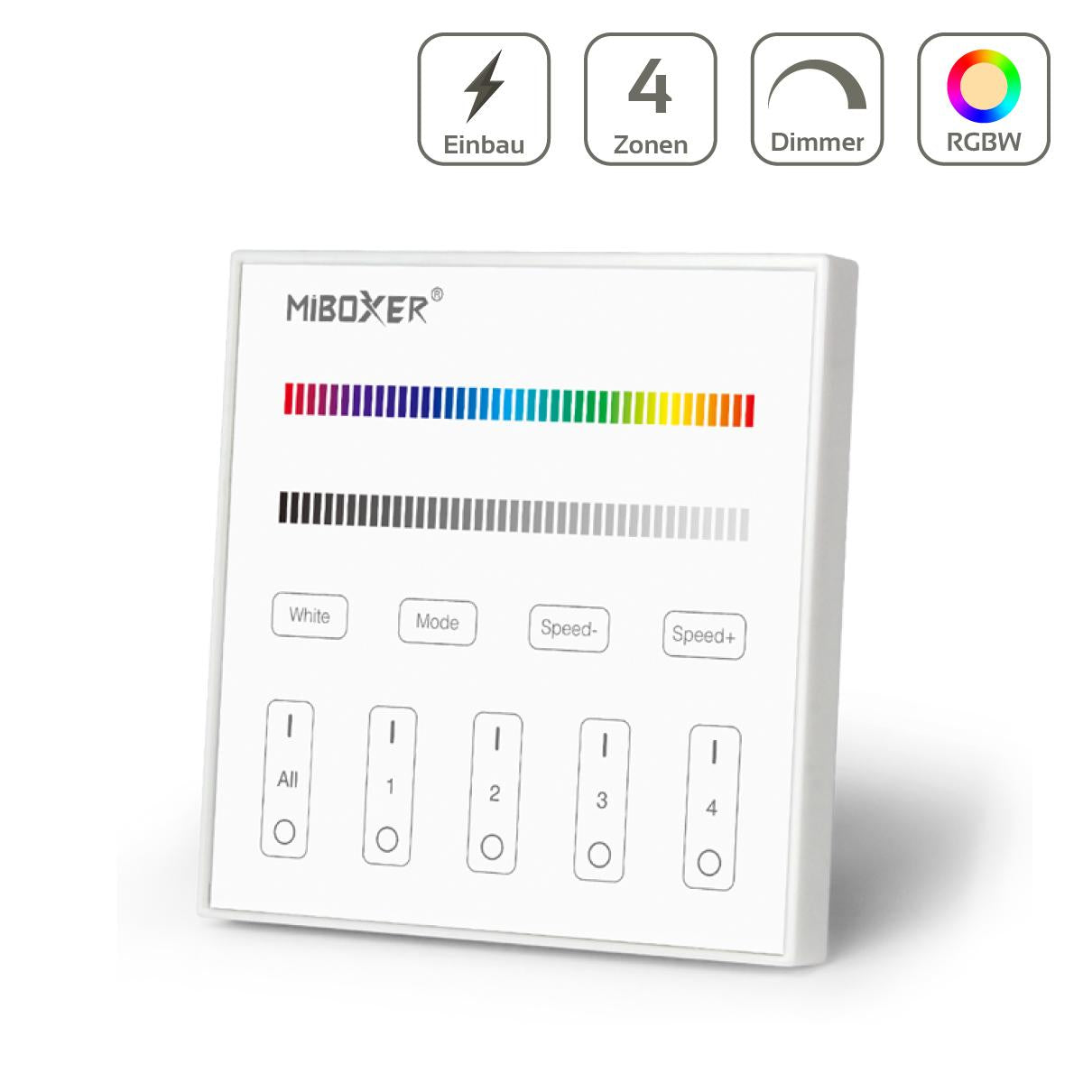 MiBoxer RGBW Wandschalter 4 Zonen Einbau Dimmen Schalten Farbsteuerung 230V Anschluss T3