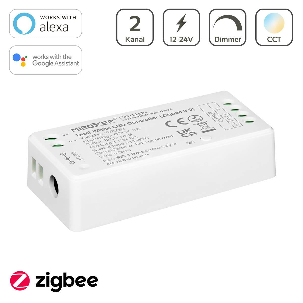MiBoxer Zigbee 3.0 CCT LED Controller 2 Kanal 12/24V Multifunktion LED Strip Panel Steuerung FUT035Z