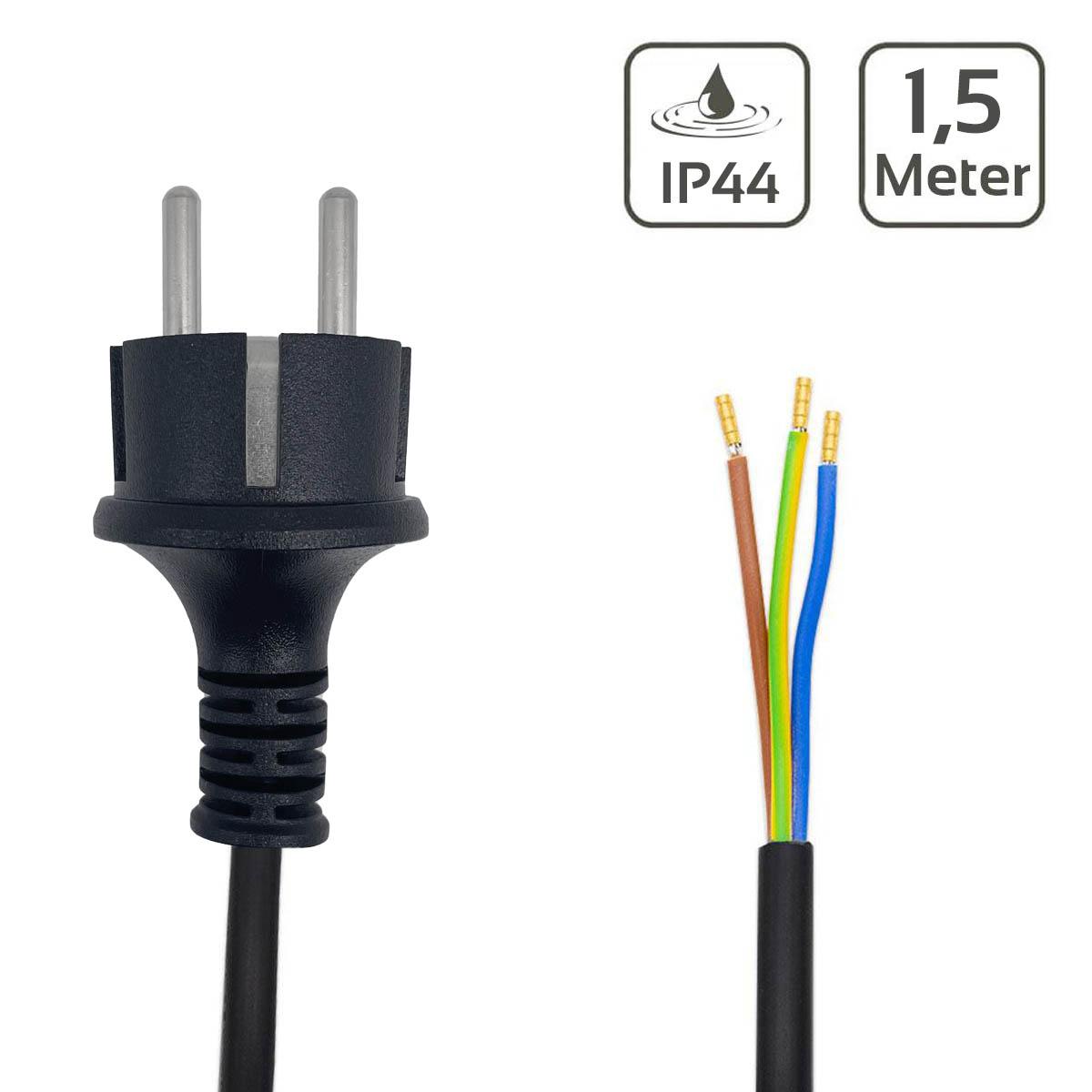 Netzkabel IP44 schwarz, 3-adrig mit Schutzkontaktstecker, 150 cm, offene Kabelenden 3-adrig