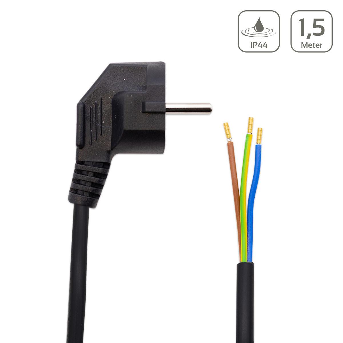 Netzkabel schwarz, 3-adrig mit Schutzkontaktstecker, 150 cm, offene Kabelenden 3-adrig