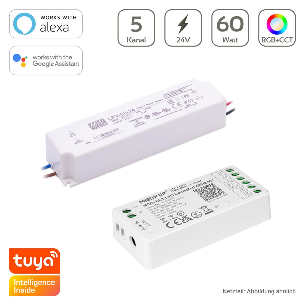 RGB+CCT Dimmer-Set 60W | MiBoxer RGB+CCT WIFI LED Controller 5 Kanal + Mean Well LPV-60-24 Netzteil 60W 24V 2.5A IP67