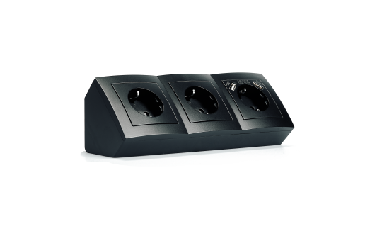 Steckdosenblock Premium Aufbau, matt schwarz, 3-fach Schutzkontakt + USB