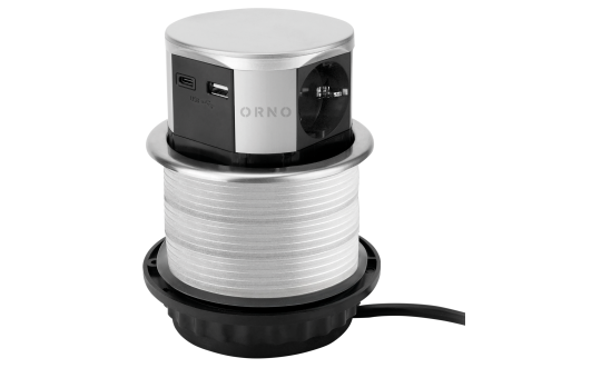 Tisch-Einbausteckdose Ø10cm, 3A, 3x Schuko, 2x USB A+C, silber, versenkbar