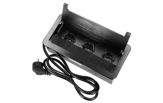 Tisch-Einbausteckdose, 3fach, schwarz, mit Staubschutz, 3600W, 1,5m Anschlußkabel