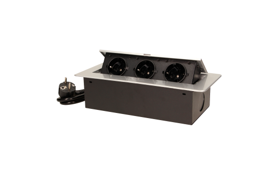 Tisch-Einbausteckdose, 3fach, silber-schwarz, 2500W, 1,5m Anschlusskabel