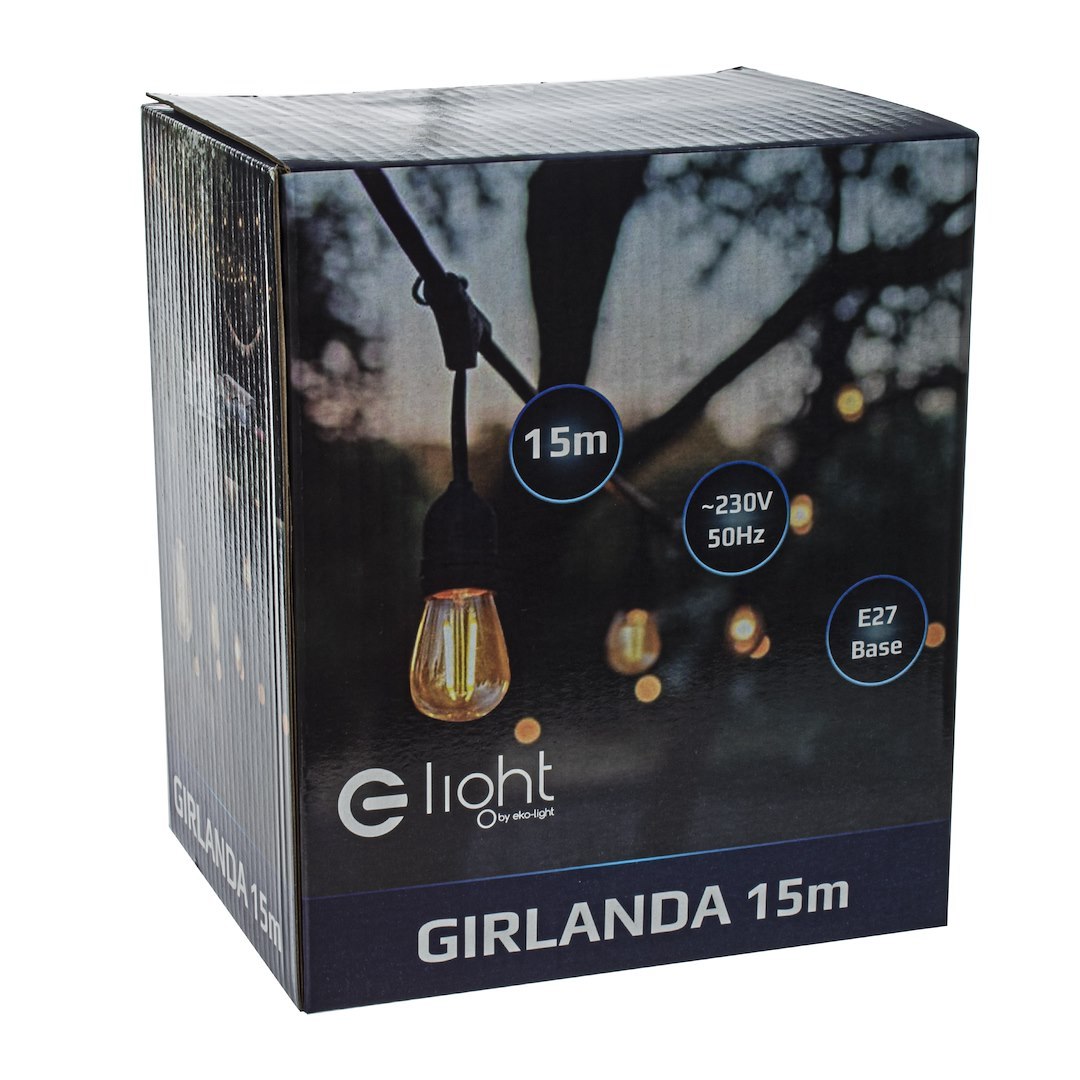 Außen-Girlande 15m für 10x E27 Lampen, Schwarz, IP44 - Milagro