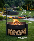 SET - Multifunktionale Feuerschale MONTANA X 80cm mit Grillrost 60cm, zusätzlichem Mast & Pfanne aus Rohstahl 50cm