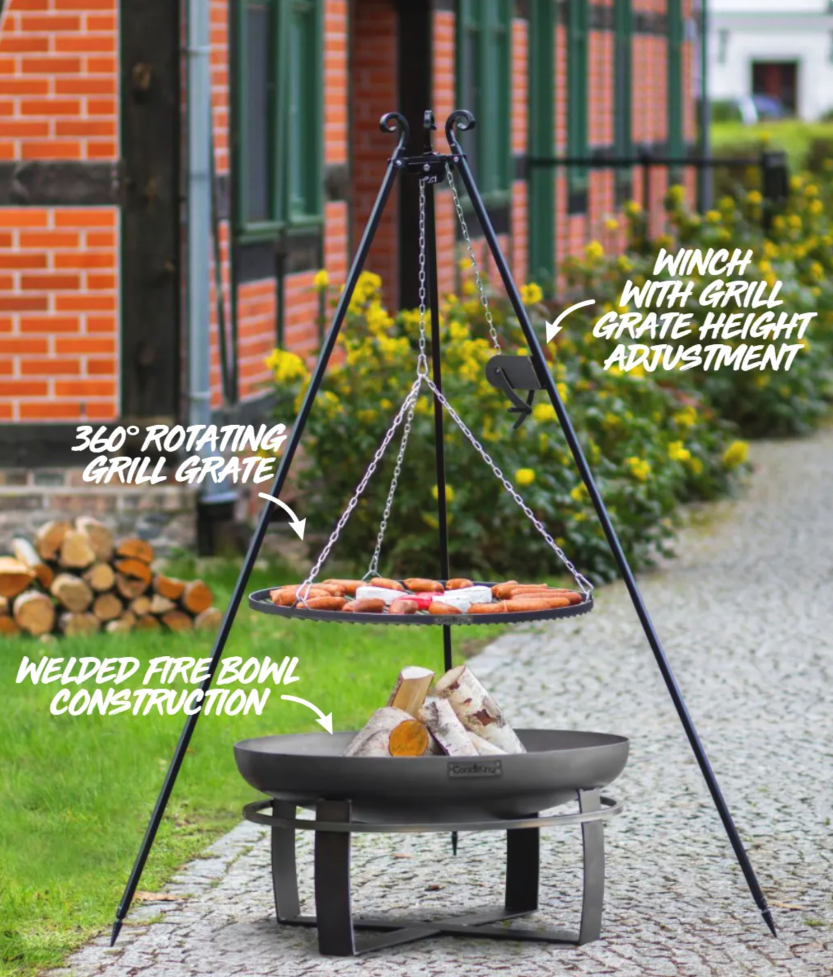 SET - Feuerschale VIKING 80cm mit Schwenkgrill 180cm mit Kurbel & Grillrost aus Rohstahl 70cm