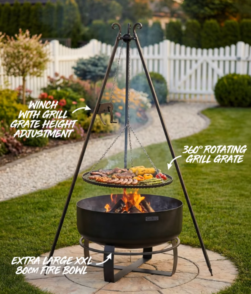SET - Feuerschale XXL VIKING 80cm mit Schwenkgrill 180cm mit Kurbel & Grillrost aus Rohstahl 70cm