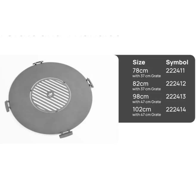 Rostfreie Grillplatte für Feuerschale 82cm mit vier Griffen + Rost 37cm