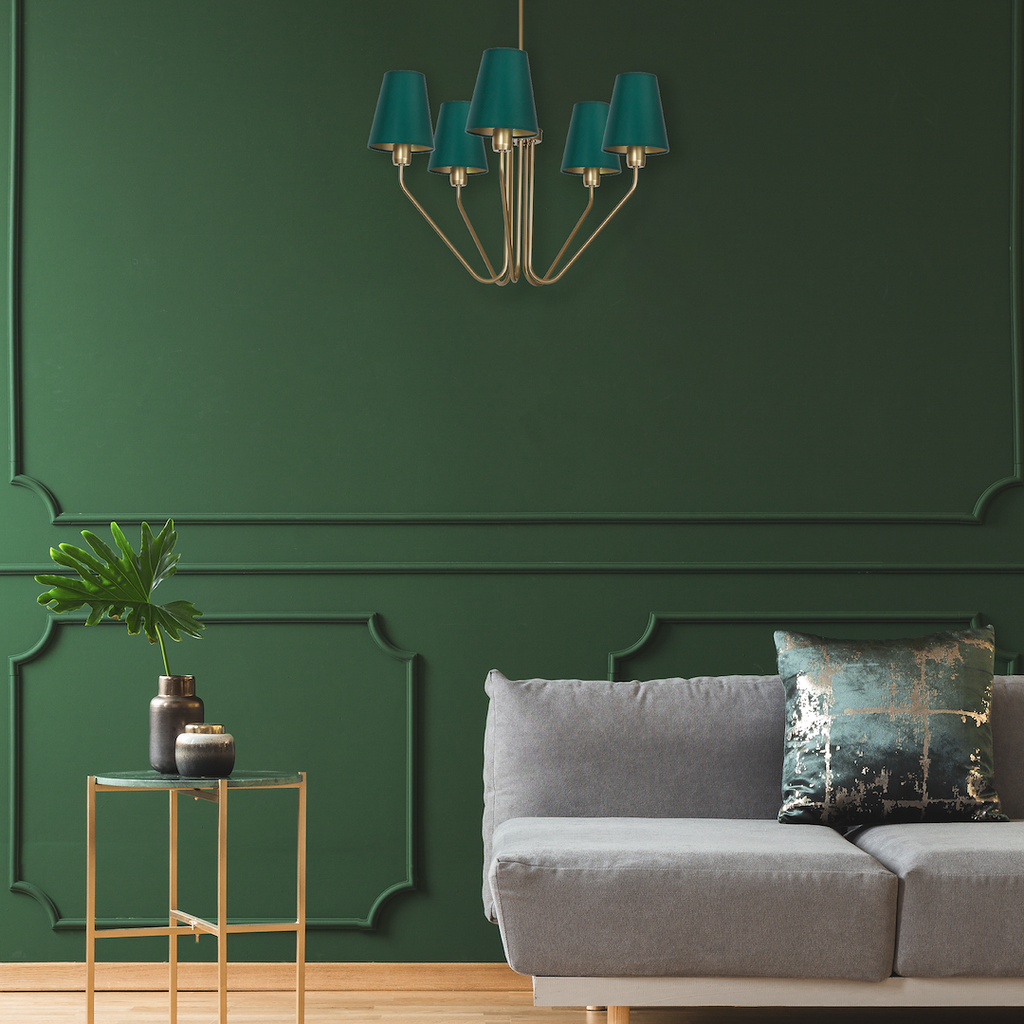 Pendelleuchte / Kronleuchter VICTORIA Stoff & Grün – Messing (5x E27) - Milagro