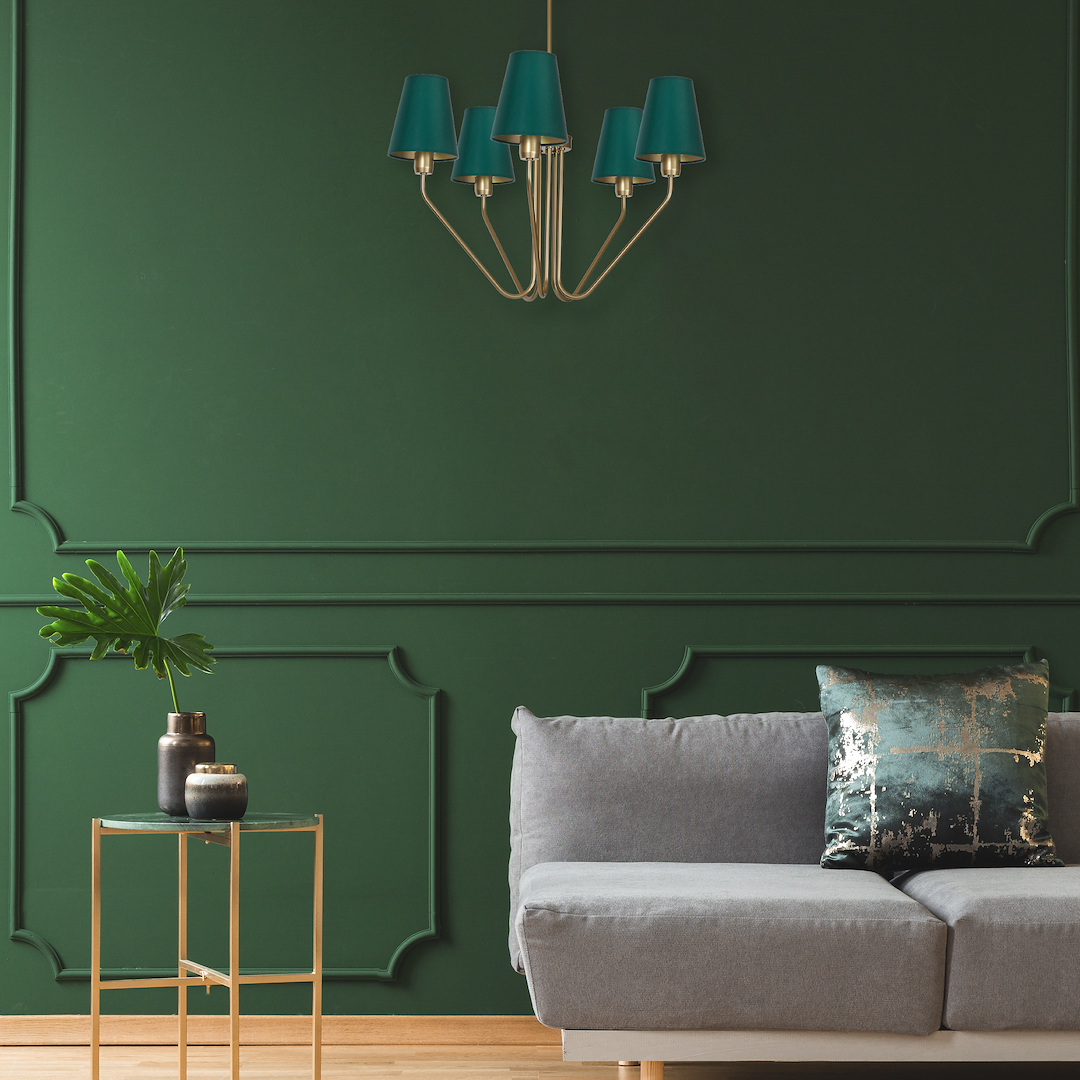 Pendelleuchte / Kronleuchter VICTORIA Stoff & Grün – Messing (5x E27) - Milagro