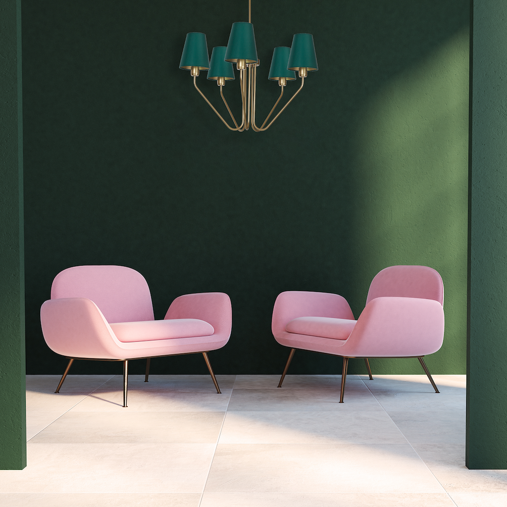 Pendelleuchte / Kronleuchter VICTORIA Stoff & Grün – Messing (5x E27) - Milagro