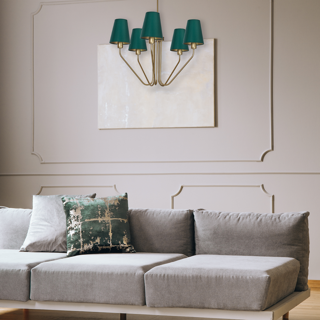 Pendelleuchte / Kronleuchter VICTORIA Stoff & Grün – Messing (5x E27) - Milagro