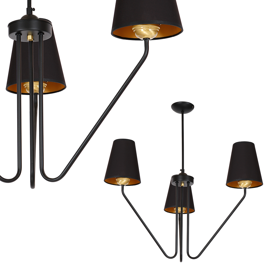 Pendelleuchte / Kronleuchter VICTORIA Stoff & Schwarz – Messing (3x E27) - Milagro