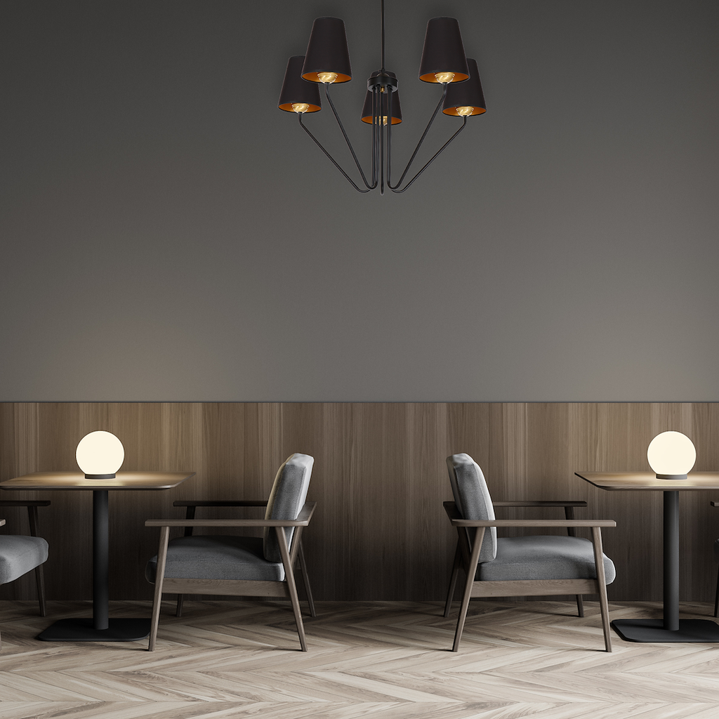 Pendelleuchte / Kronleuchter VICTORIA Stoff & Schwarz – Messing (5x E27) - Milagro