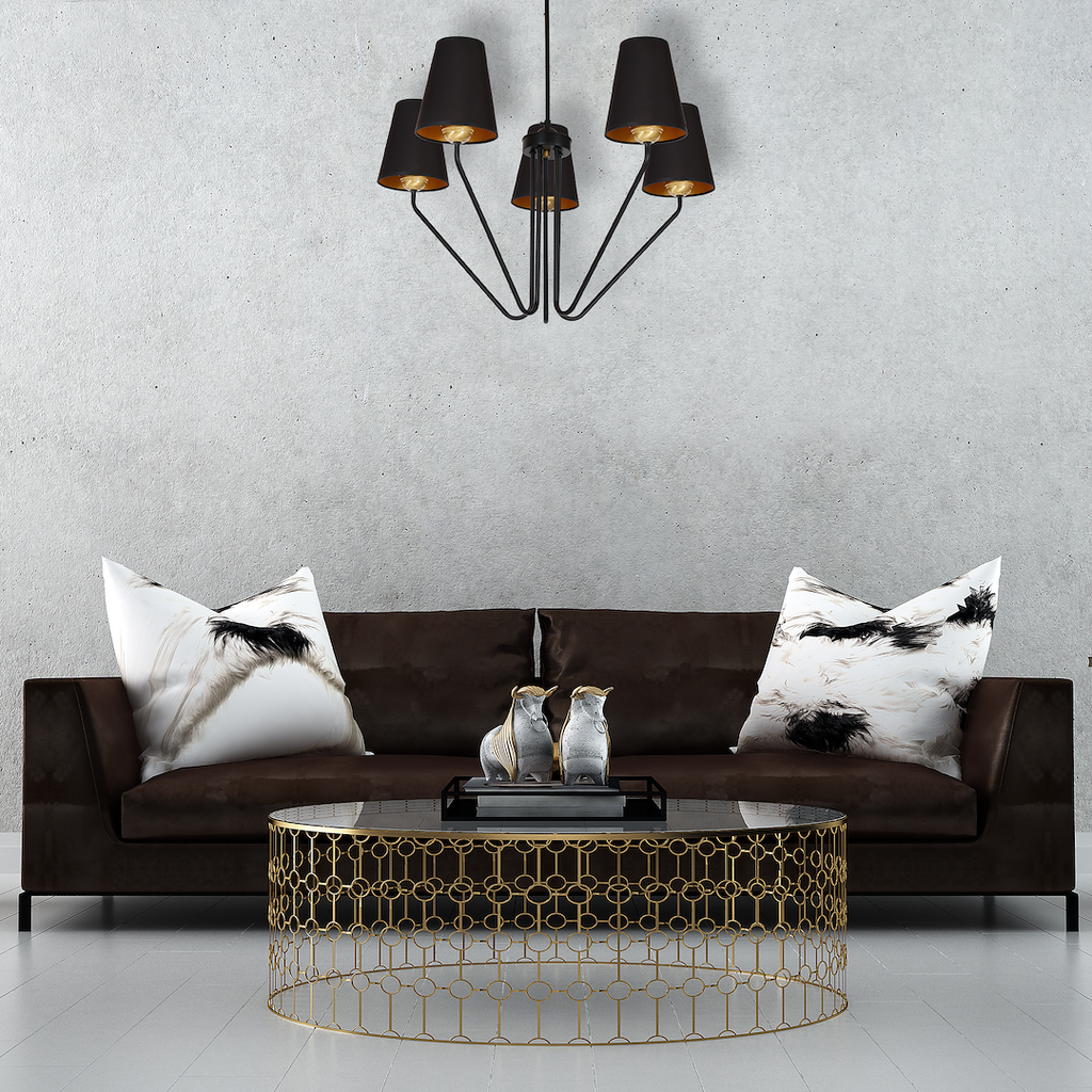 Pendelleuchte / Kronleuchter VICTORIA Stoff & Schwarz – Messing (5x E27) - Milagro