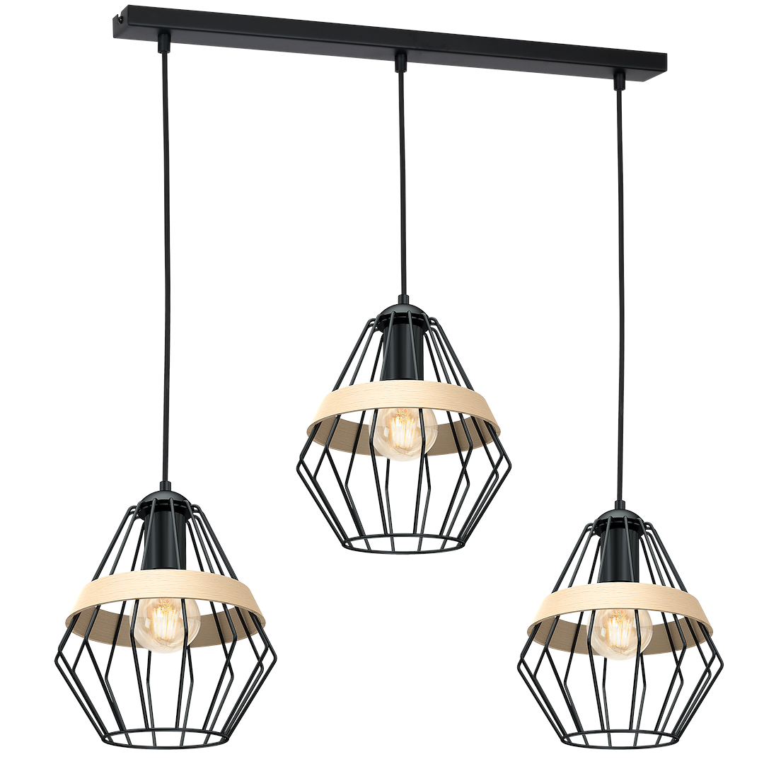 Pendelleuchte CLIFF Schwarz & Holz (3x E27) - Milagro